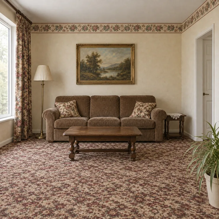 Sample living room before: a brown sofa, a dark wood coffee table, a patterned carpet, floral curtains and a wallpaper border.