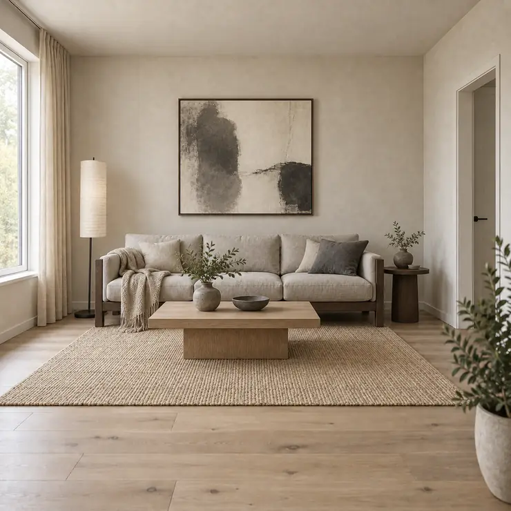 The sample living room in the Japandi style.