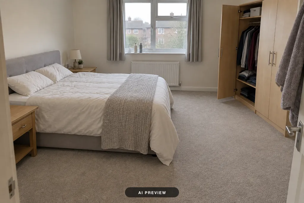 The same bedroom decluttered: a made bed and a clear carpet, with the wardrobe, window and bedside table where they were.