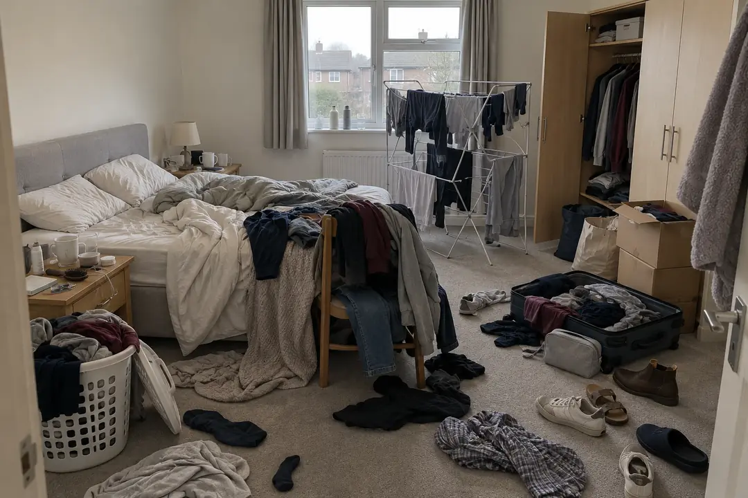 Sample bedroom before: clothes, shoes and bags across the floor, an open suitcase and an unmade bed.