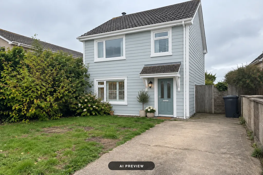 The same house in the Coastal style: pale blue weatherboard cladding, white trim and a sage green front door.