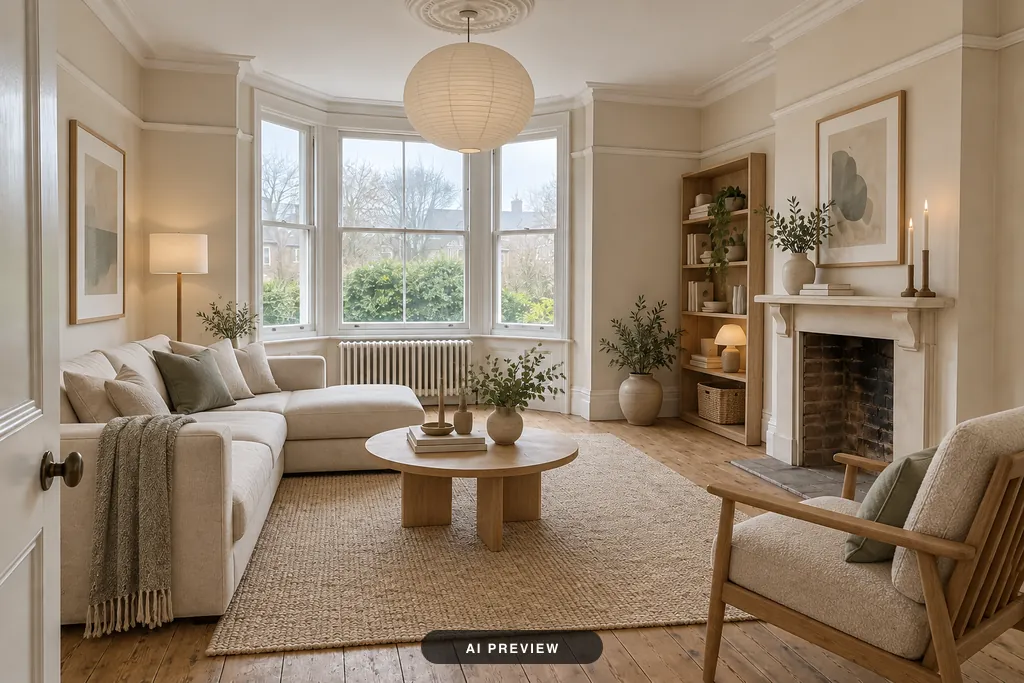 The same room furnished in the Scandinavian style: a cream corner sofa, a round coffee table, a wool rug, an armchair and shelves beside the fireplace.