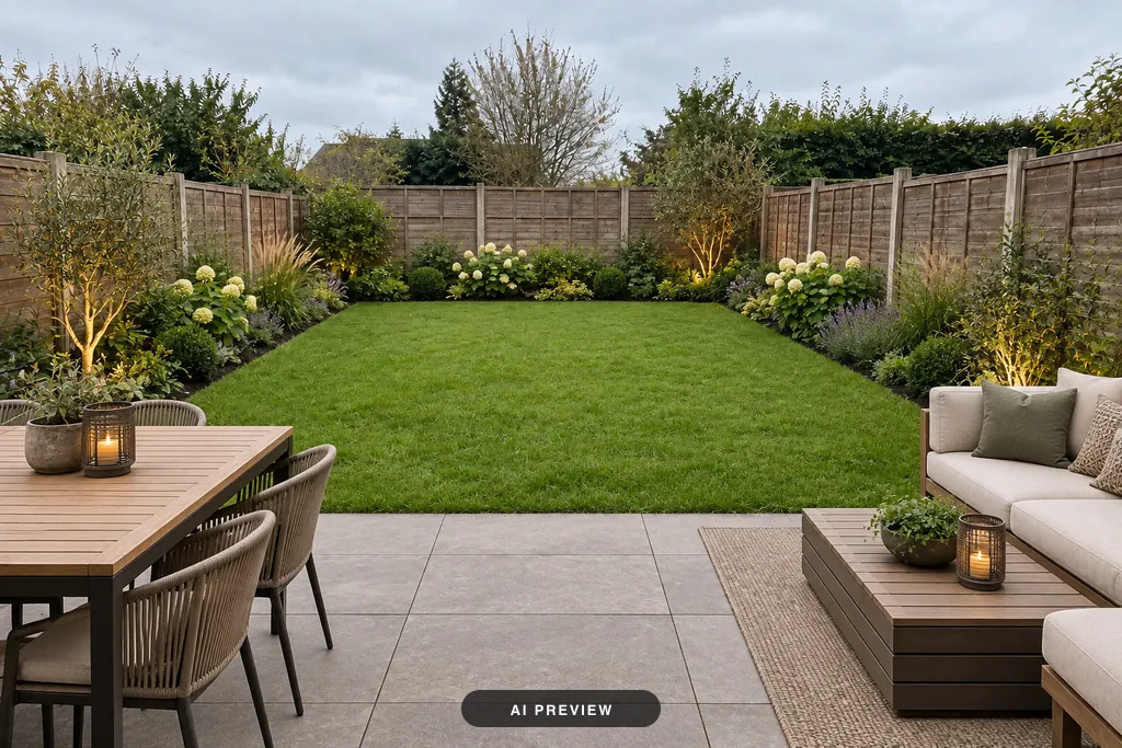 The same backyard in the Modern style: a fresh lawn, planted borders, a paved terrace, a dining table and an outdoor sofa.