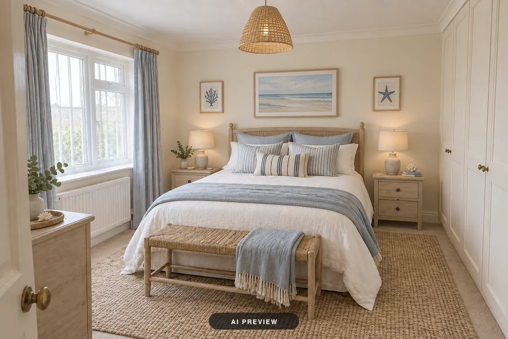 The same bedroom in the Coastal style: white bedding with pale blue accents, a woven bench, a jute rug and a seascape print above the bed.