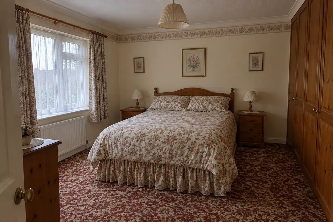 Sample bedroom before: a floral bedspread, a red patterned carpet, pine furniture and a wallpaper border.
