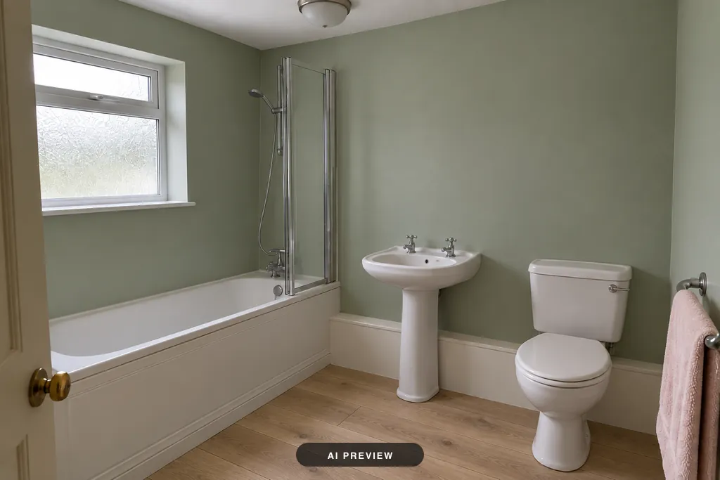 The same bathroom with sage green walls and a light oak floor; the bath, basin, toilet and window are as they were.