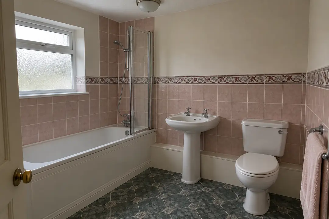 Sample bathroom before: pink wall tiles with a patterned border and dark green patterned vinyl on the floor.